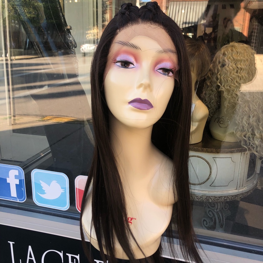 Long braid Brown highlights Lacefront Wig Freepart